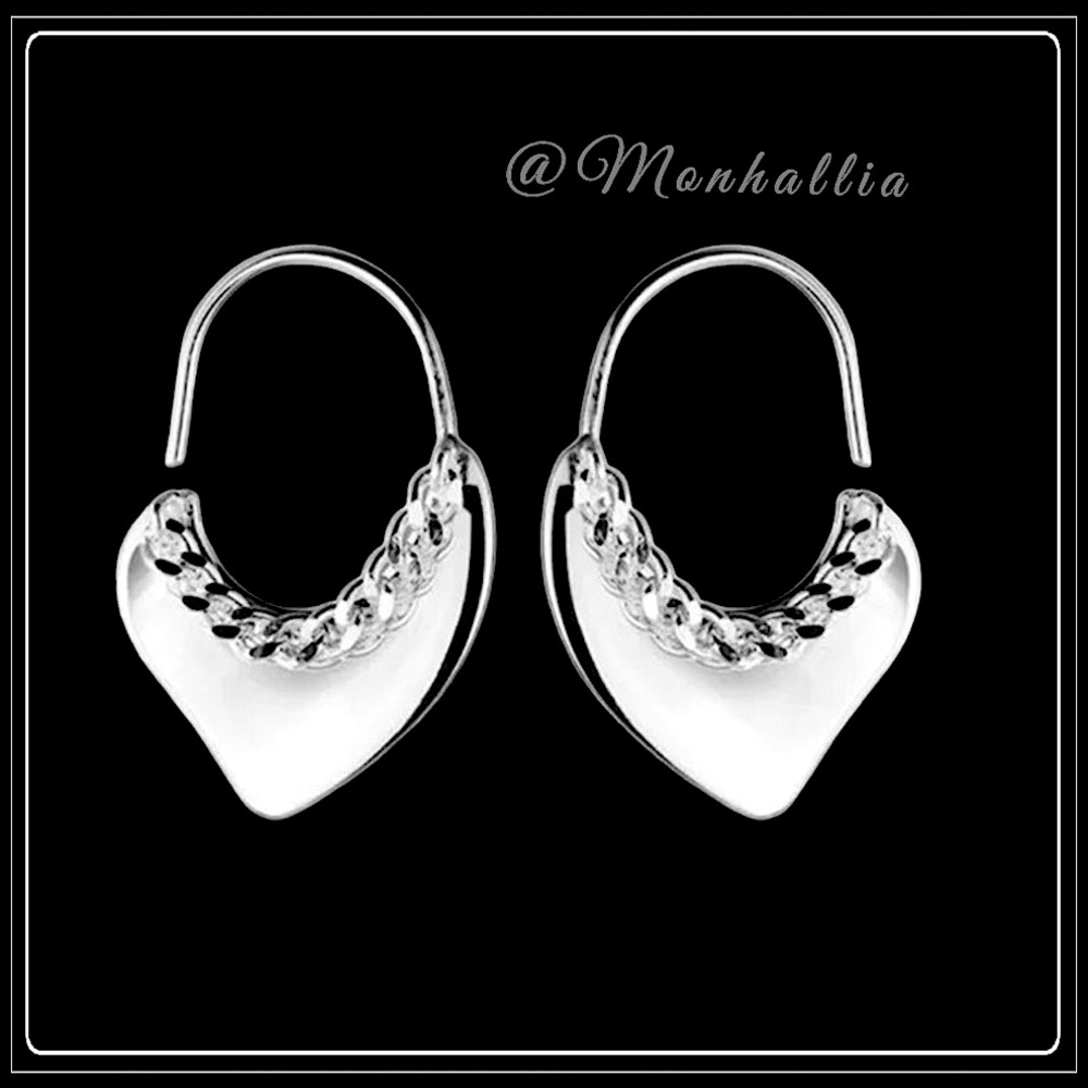 925 SILVER STERLING MINIMALIST CHAIN MOD SHARK HEART HOOK EARRINGS - Picture 6 of 6